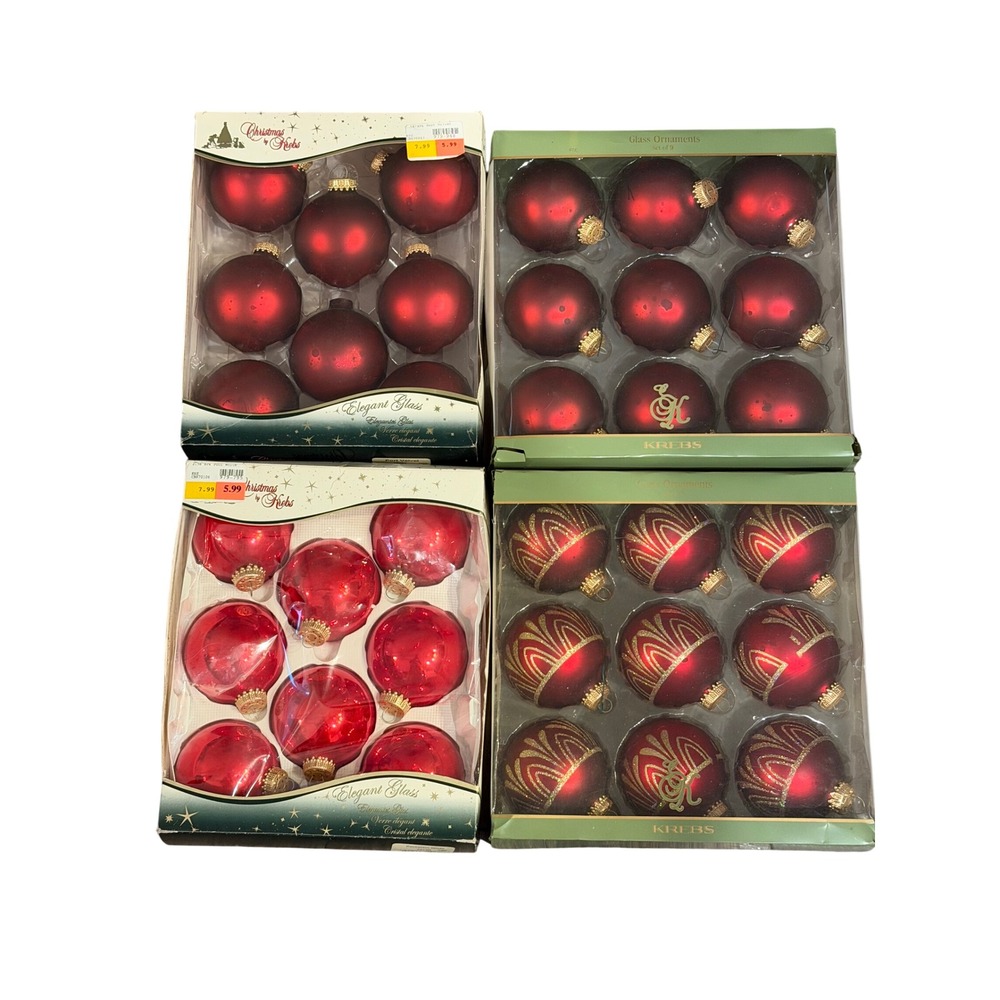 Vintage Christmas by Krebs Red Glass Ornament Lot 4 Boxes 34pc